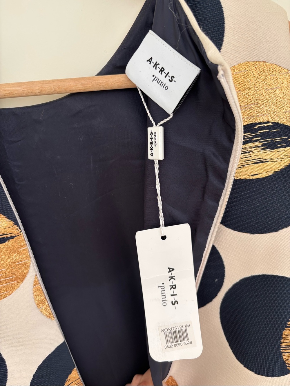 NWT Akris Punto Sake Gold Navy Metallic Dot Jacquard Flounce Shift Dress Sz 10 - Picture 5 of 6